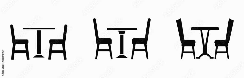 Table and Chair Silhouette Icon Set, Dining Furniture Clipart, Black Cafe, Restaurant, and Outdoor Seating Vector Illustration for Hospitality Designs Table and Chair Silhouette Icon Set, Dining Furniture Clipart, Black Cafe, Restaurant, and Outdoor Seating Vector Illustration for Hospitality Designs