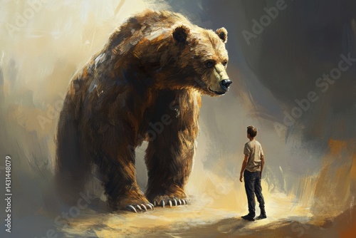 Young caucasian male facing giant bear in surreal forest setting