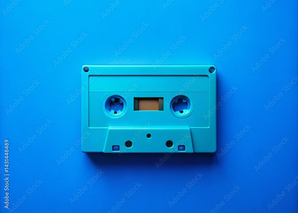 Fototapeta premium Blank Cassette Tape Mockup: Blue Background Silhouette, Retro Music Template