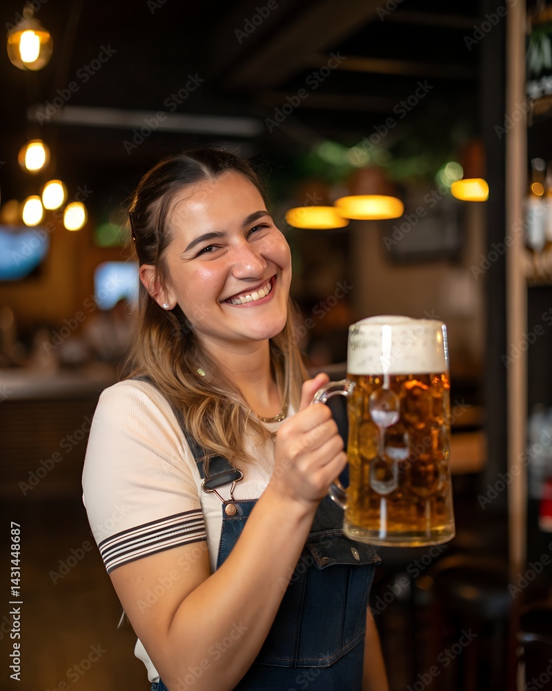Smiling young woman enjoying beer at pub Smiling young woman enjoying beer at pub