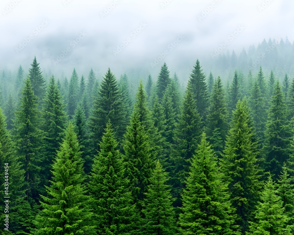 Misty forest with dense evergreen trees Misty forest with dense evergreen trees
