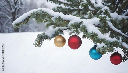 Snow covered pine branch with christmas ornaments in a winter wonderland scene outdoors