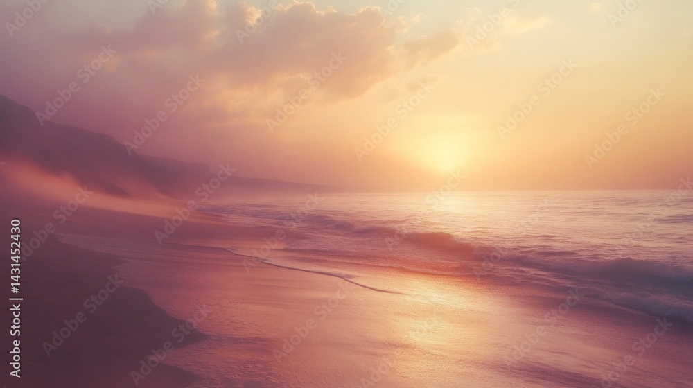 Coastal sunset, ocean waves, misty beach, tranquil scene, travel postcard Coastal sunset, ocean waves, misty beach, tranquil scene, travel postcard