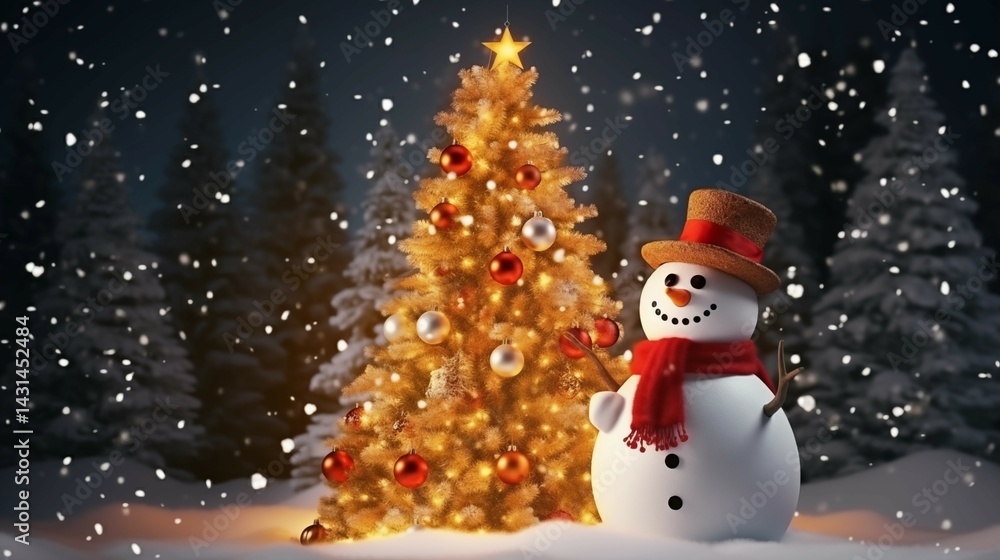 Fototapeta premium Christmas: Snowman standing beside glowing Christmas tree