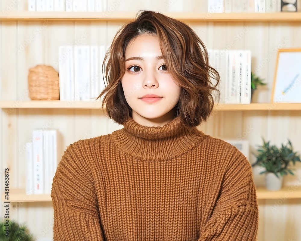 Young woman with short brown hair, wearing brown sweater, smiling Young woman with short brown hair, wearing brown sweater, smiling
