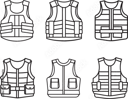 set of bullet proof vest line art, black outline, vector and illustration, coloring book page line art drawing