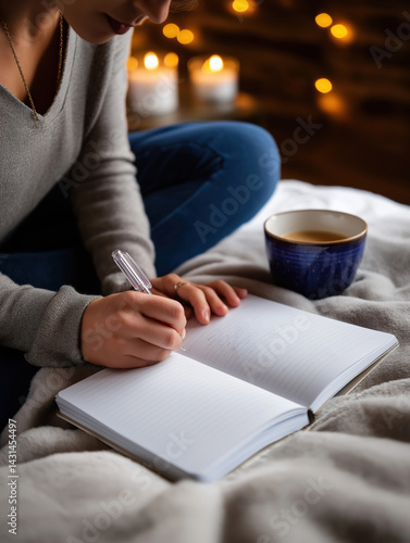 Cozy evening with a warm drink and journaling by candlelight at home