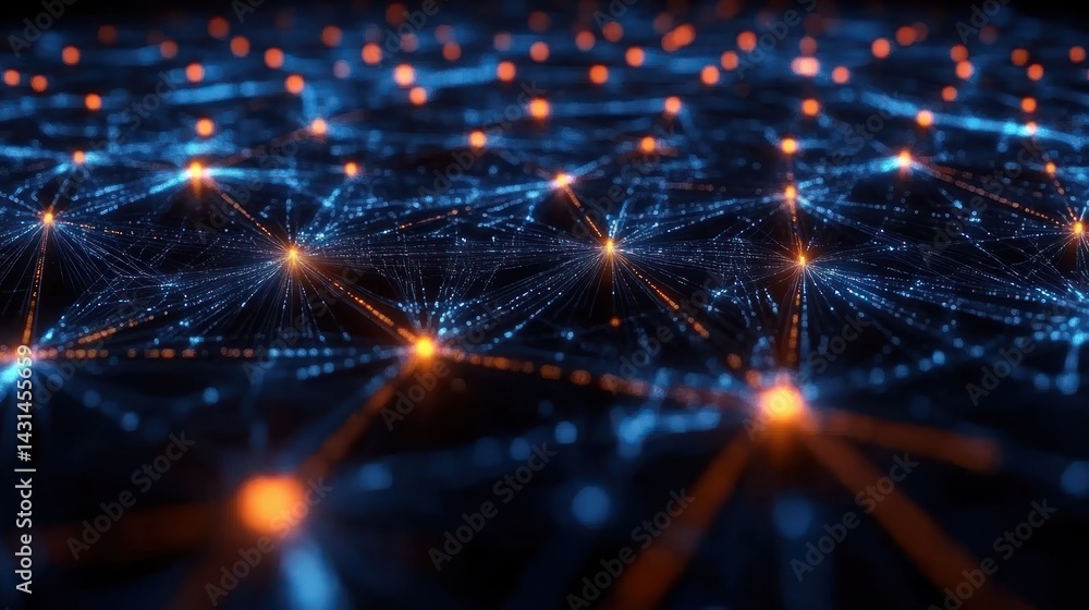 Obraz premium Abstract Digital Network Visualization With Blue And Orange Light Points And Lines