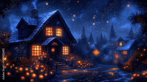 Cozy winter cottage, illuminated at night, snow falling, forest background, ideal for holiday cards