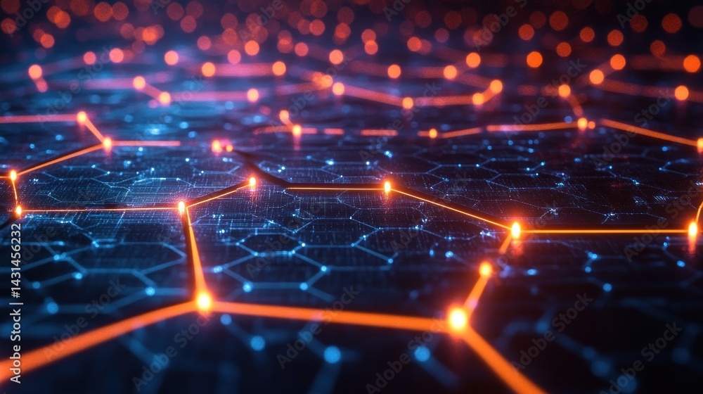 Abstract Digital Network Depicting Data Connections Lines and Hexagonal Grid Structure in Blue and Orange Tones Abstract Digital Network Depicting Data Connections Lines and Hexagonal Grid Structure in Blue and Orange Tones