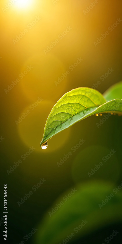 Fototapeta premium Macro Photo of Fresh Green Leaf with Single Clear Water Droplet on Tip – Natural Light, Soft Bokeh Background, Ideal for Eco-Friendly Visuals, Wellness Branding, and Nature Photography