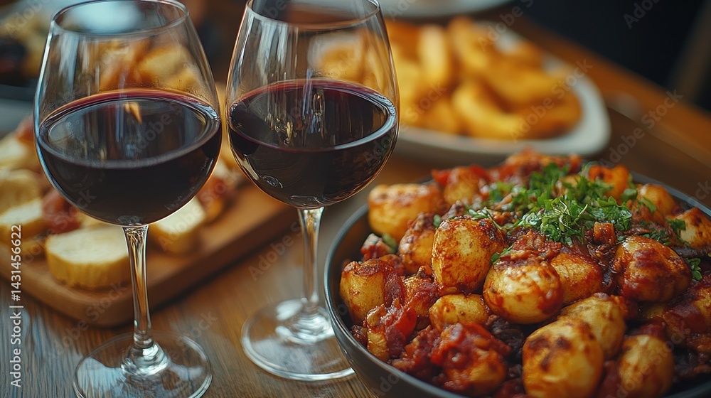 Two glasses of red wine with tapas and potatoes on a table. Two glasses of red wine with tapas and potatoes on a table.