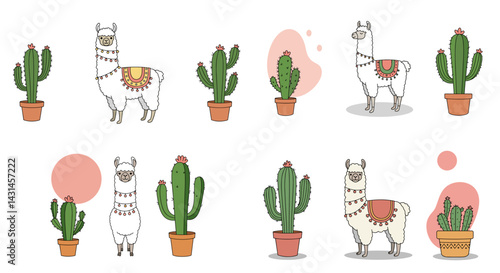 Llama and cactus on white background. South American culture and travel concept. International Llama Day, Nature Conservation events