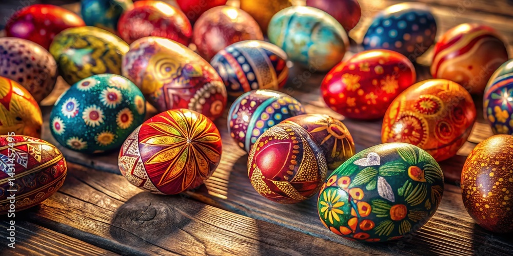 Brightly colored Easter eggs with intricate patterns on rustic wood, springtime celebration Brightly colored Easter eggs with intricate patterns on rustic wood, springtime celebration