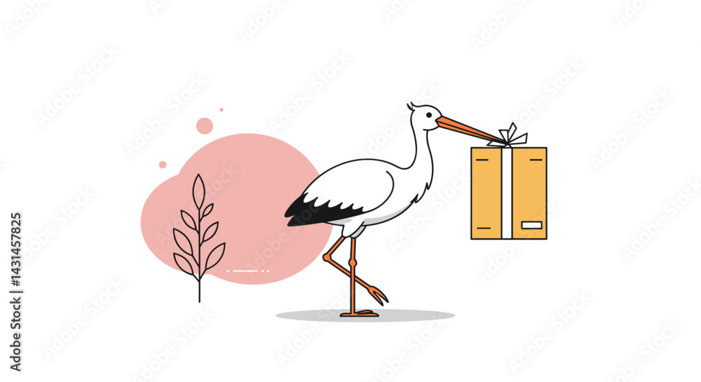 Fototapeta premium The Stork Brings a Parcel on white background - wildlife and symbolic delivery concept