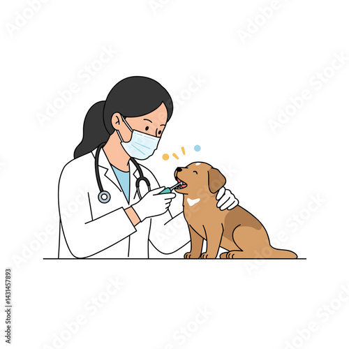 Vet cleaning a small puppy's teeth on white background - pet care and health concept