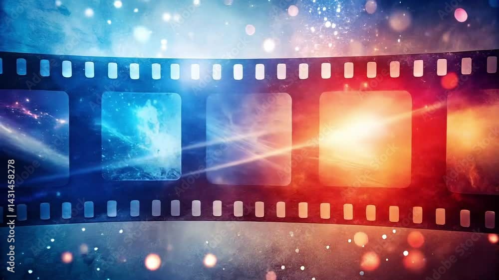 A moving curved cine film with multicolored abstract color frames against a background of flickering, blurred light, dynamic lighting effects and particles.