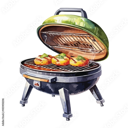 burger grilling on a barbecue cute watercolors illustration on white background