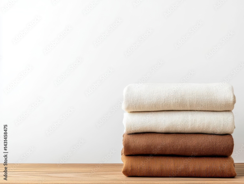 Minimalist sustainable wardrobe concept, neatly folded ethical clothing made of linen, hemp, and organic cotton Minimalist sustainable wardrobe concept, neatly folded ethical clothing made of linen, hemp, and organic cotton