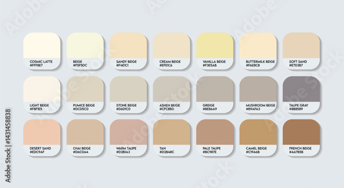 Beige Color Guide Palette with color Names. Catalog Samples of Beige with RGB HEX codes and Names. Plastic light cream Color Palette, Fashion Trend Pantone Light Beige Color Palette, white skin tones