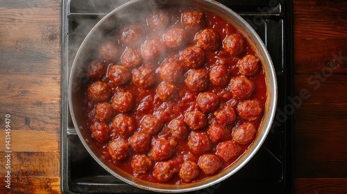 Meatballs simmer in tomato sauce in a large pot on a stove.