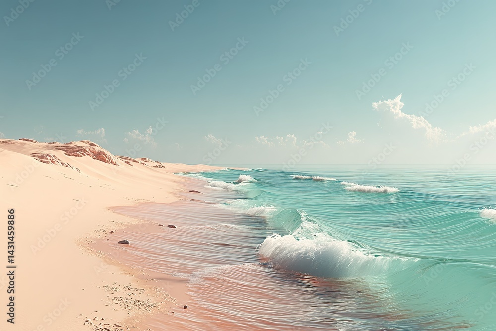 Beautiful calm ocean waves gently lapping on serene sandy beach under clear blue sky at midday