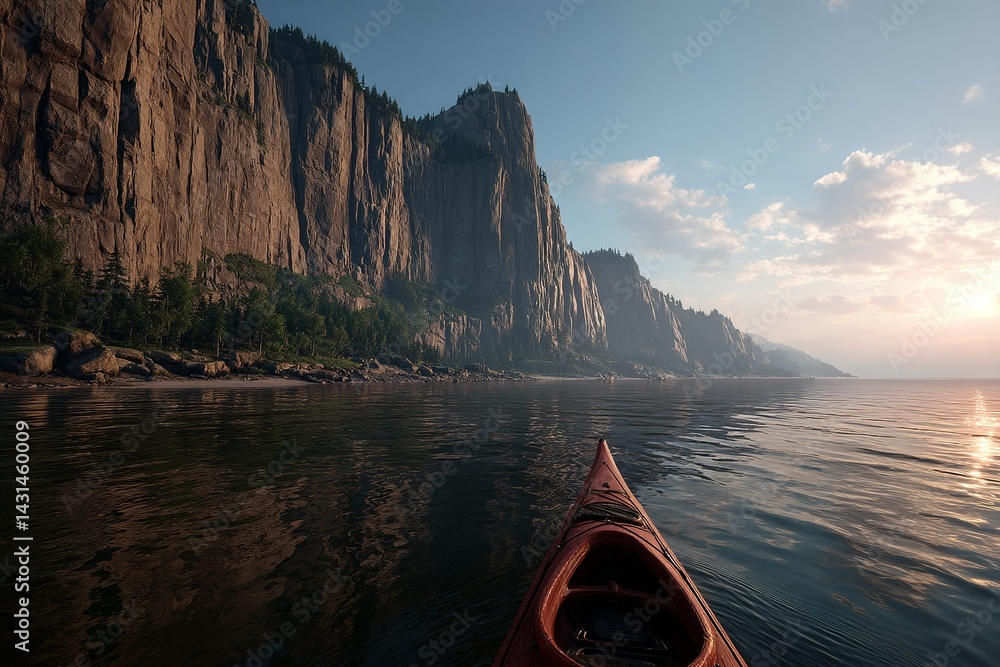 Fototapeta premium Kayaking along serene waters with towering cliffs during early morning light in a tranquil natural landscape