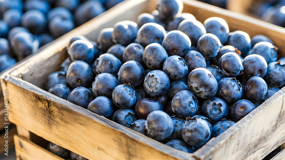 Wooden crates overflow with freshly picked blueberries at the market Wooden crates overflow with freshly picked blueberries at the market
