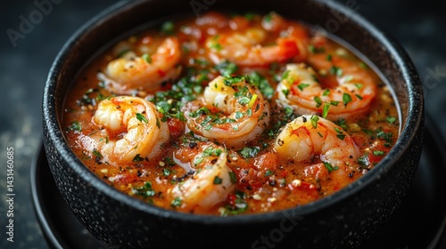 Wallpaper Mural Shrimp dish in a black bowl with tomato sauce and herbs. Torontodigital.ca