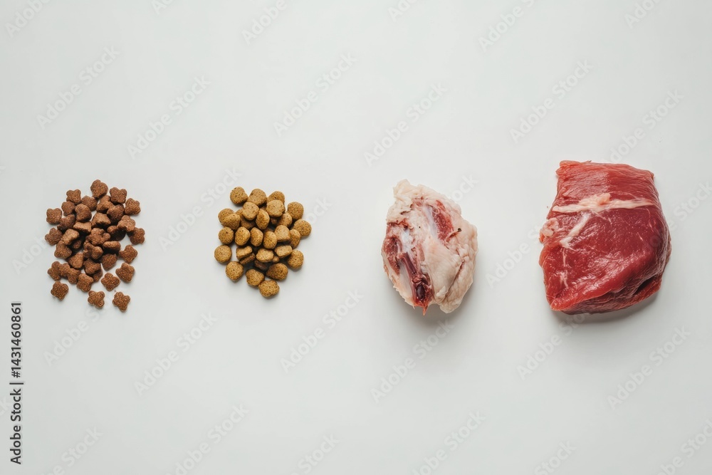 Variety of pet food options: kibble, dry, raw, and fresh meat