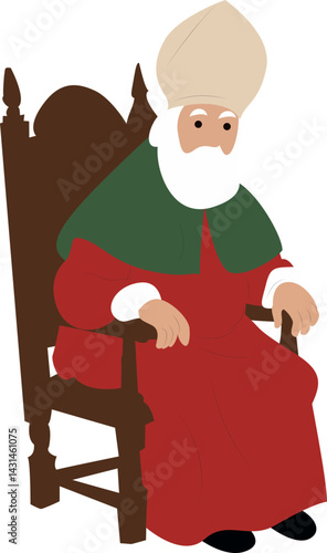 Elderly Cardinal Seated Wooden Chair