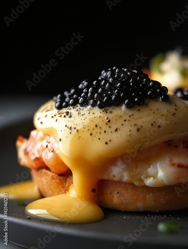 Close-up of lobster and caviar eggs benedict with runny yolk over toasted English muffin, topped with black caviar. Style in natural light, showcasing gourmet brunch in macro detail.