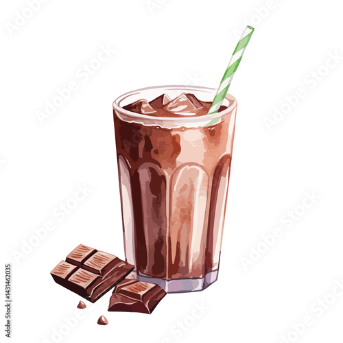 chocolatey cocoa drink with a straw cute watercolors illustration on white background
