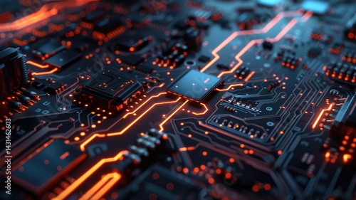 Abstract picture of chip on complex circuit with digital technology style design and the electric light graphic show dynamic movement represent about processor algorithm process on computer. AIG53.