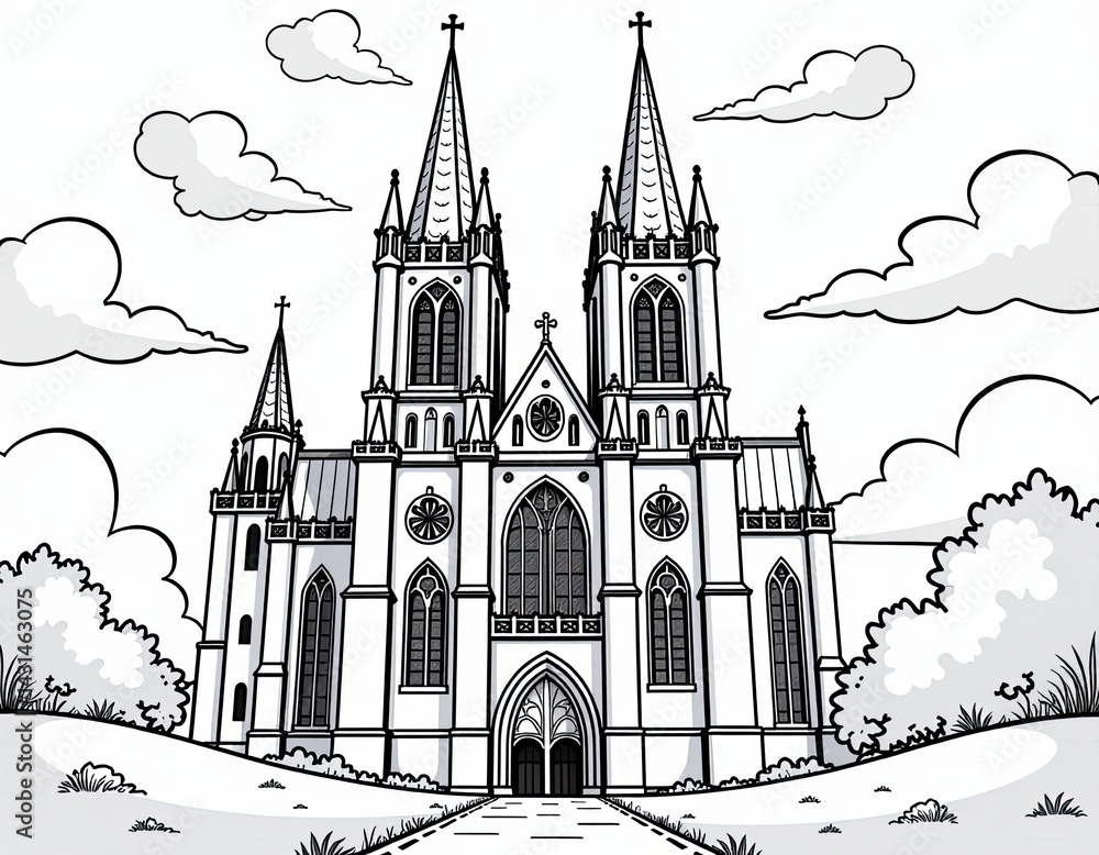 Fototapeta premium Black and White Illustration of a Majestic Gothic Cathedral