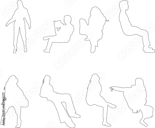 Set of outlined human silhouettes in dynamic sitting and standing positions. Ideal for architectural renders, infographics, and UI/UX design.
