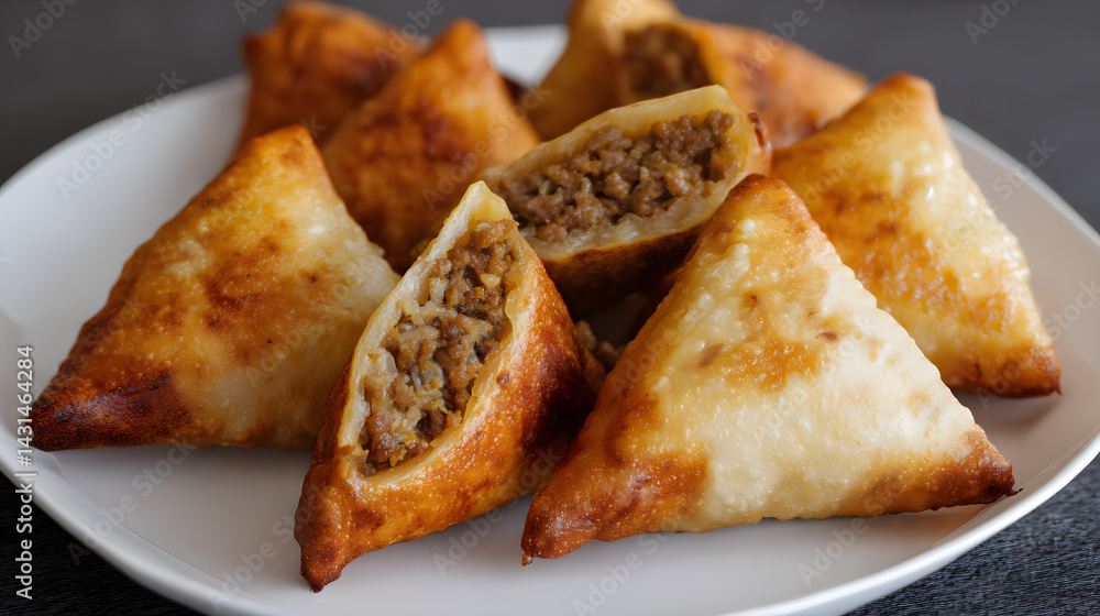 Crispy Golden Brown Samosas Filled with Flavorful Meat on a Platter Ready for Tasty Enjoyment Crispy Golden Brown Samosas Filled with Flavorful Meat on a Platter Ready for Tasty Enjoyment