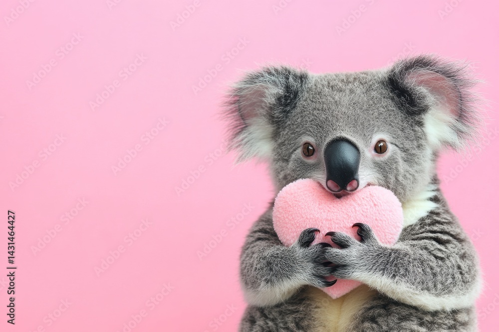 Cute koala holding soft pink heart on vibrant pink background Cute koala holding soft pink heart on vibrant pink background