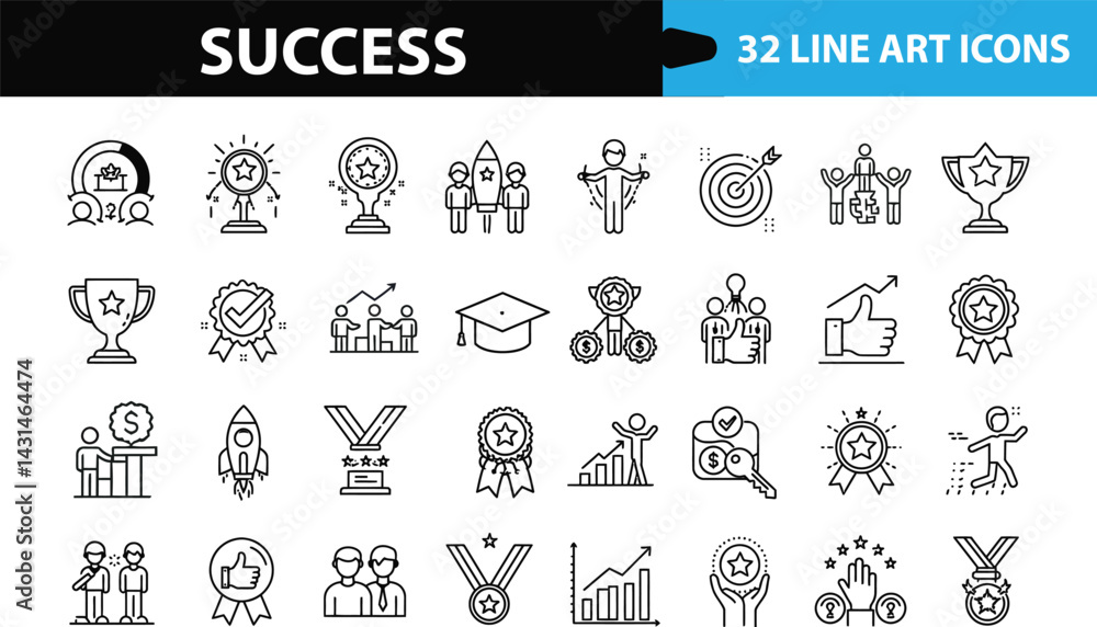Success Icons Bundle, Success set of web icons in line style. Successful business development linear icon collection. Containing achievement, successful, strategy, winner, teamwork, goal, brainstorm. Success Icons Bundle, Success set of web icons in line style. Successful business development linear icon collection. Containing achievement, successful, strategy, winner, teamwork, goal, brainstorm.