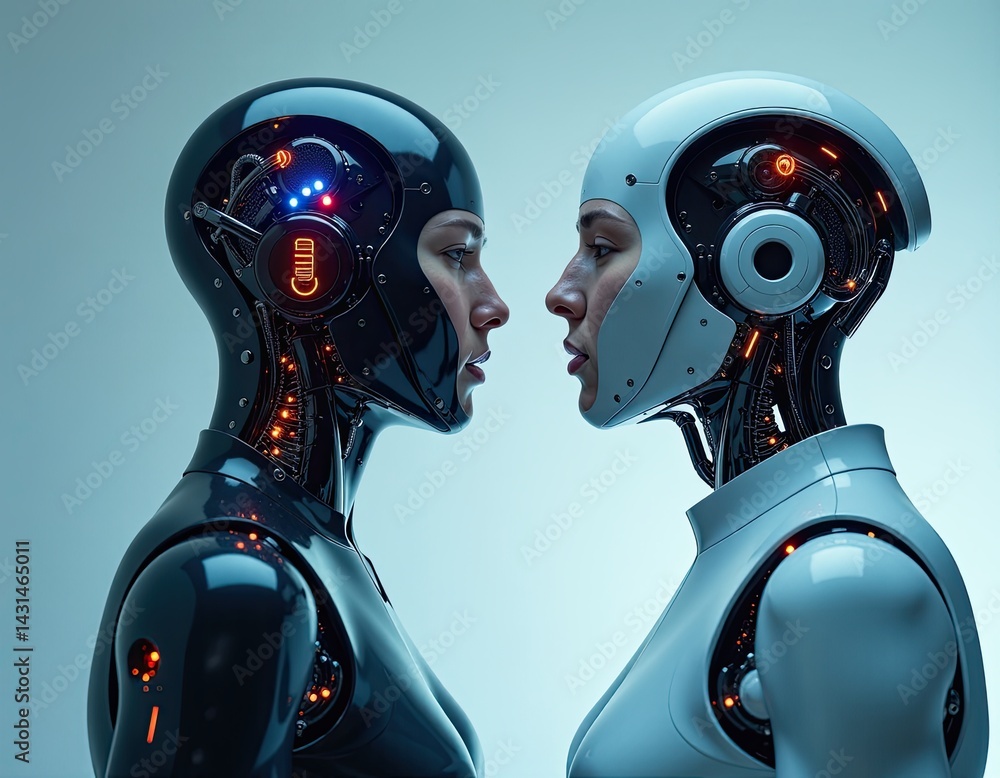 Two Female Robots Face to Face, AI, Cyborg, Future Technology, Artificial Intelligence