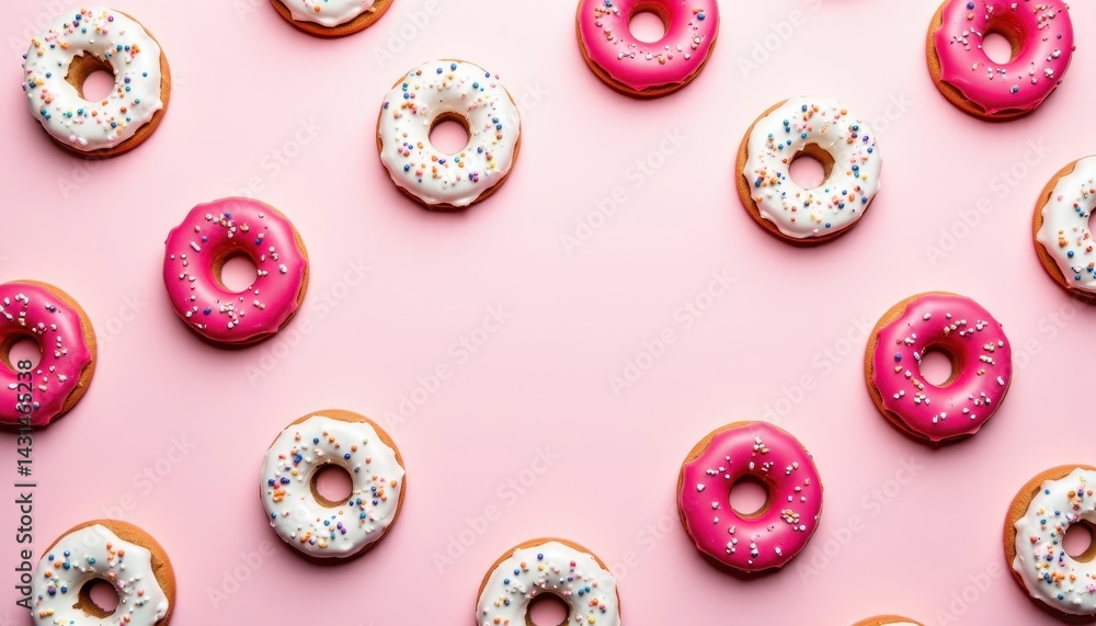 A vibrant arrangement of donuts with pink and white icing, sprinkled with colorful toppings, set against a soft pink background. A vibrant arrangement of donuts with pink and white icing, sprinkled with colorful toppings, set against a soft pink background.