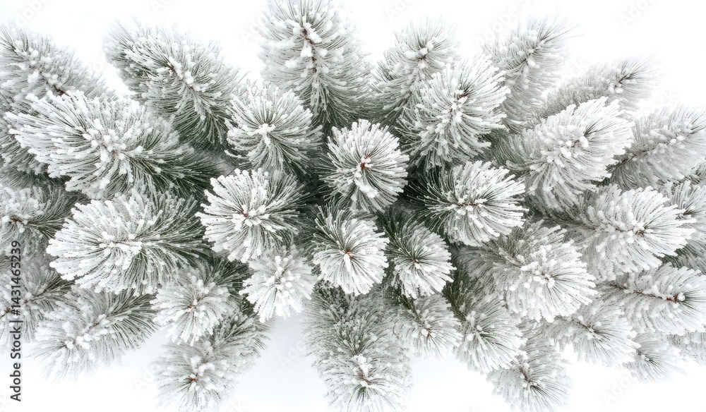 Overhead view of snow-covered evergreen trees, creating a lush winter scene Overhead view of snow-covered evergreen trees, creating a lush winter scene