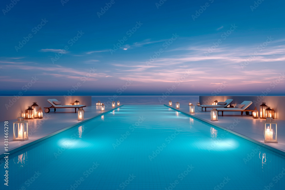 Fototapeta premium Infinity pool with glowing lanterns and lounge chairs at sunset overlooking a calm ocean horizon