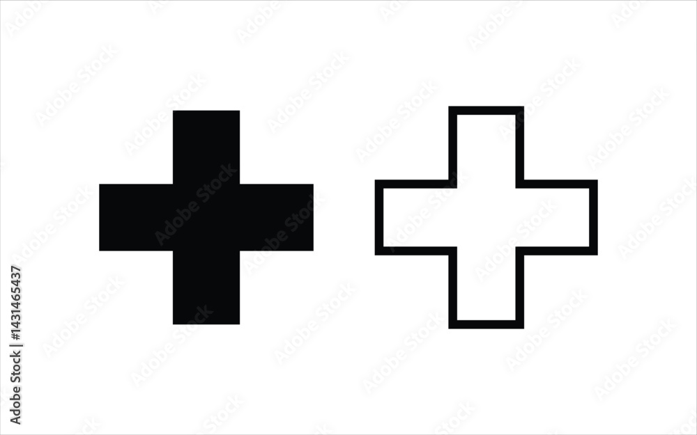 Black and white bold plus sign icons design. Solid and outline black cross symbols on white background. Black and white bold plus sign icons design. Solid and outline black cross symbols on white background.