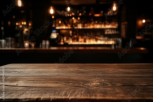 Empty wooden bar top, dark pub interior