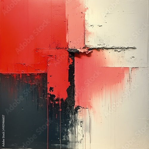 Abstract painting with red black and white colors creating a geometric composition.
