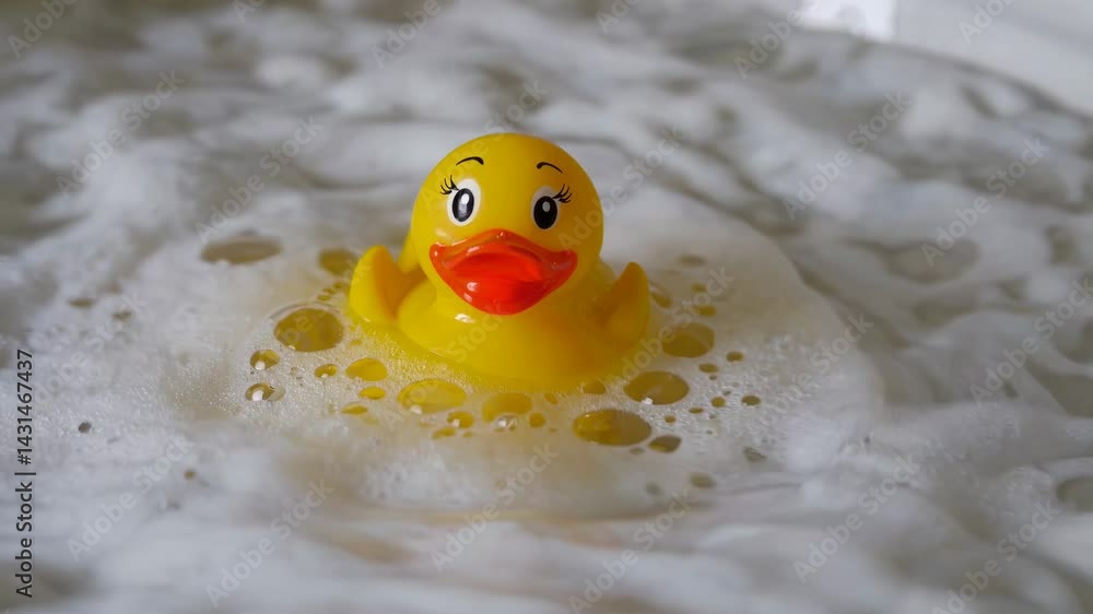 Yellow Rubber Duck Floating in Foamy Bath Yellow Rubber Duck Floating in Foamy Bath