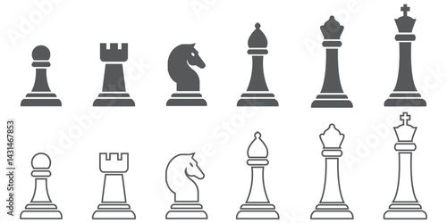 Set of chess vector icons. Black silhouette with chess. King, queen, pawn, horse and rook. Vector 10 Eps.