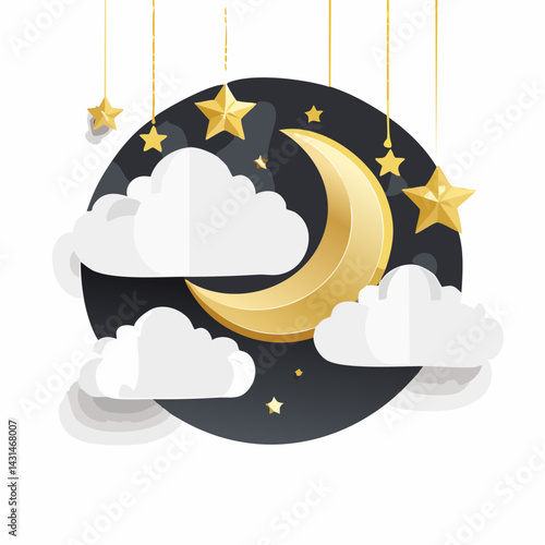 Fluffy clouds on dark sky background with gold moon and hanging 3d stars. Vector illustration. Paper cut style. 