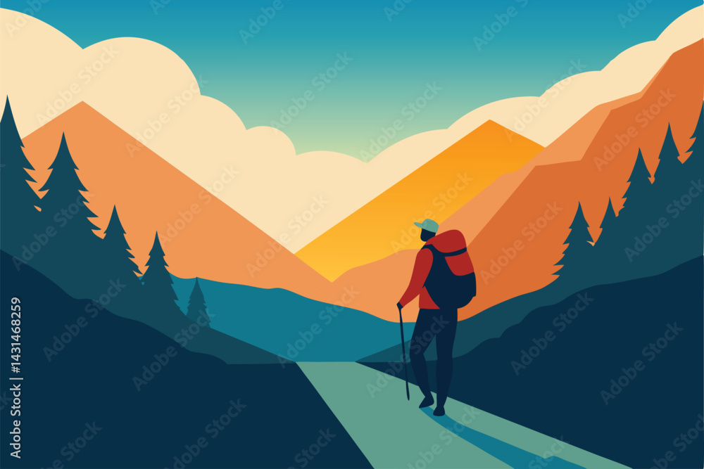 Obraz premium backpacker-hiking-through-sunny-valley--.eps